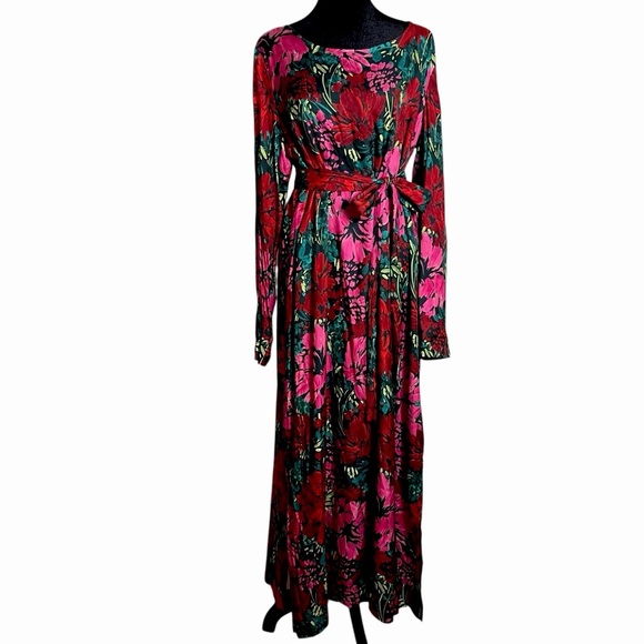 Vineyard Vines Silk Twill Belted Maxi Dress Floral Red Pink Green XL - Picture 4 of 13